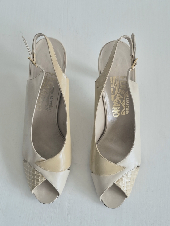 Salvatore Ferragamo Shoes - Salvatore Ferragamo Two-Tone Beige & Cream Peep-Toe Slingback Heels